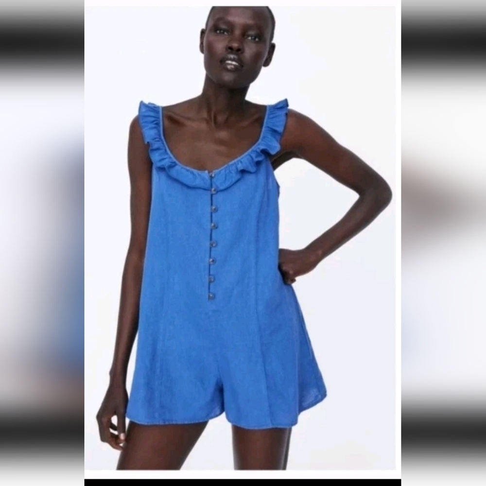 Zara Womens Blue Ruffled Tank Romper S
